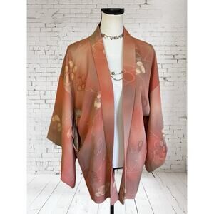 Vintage 60s Orange Blossom Watercolor Brocade Open Women’s Kimono Jacket Asian
